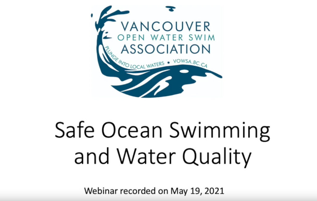 First slide for the presentation, says Safe Ocean Swimming and Water Quality, May 21 2021, from VOWSA